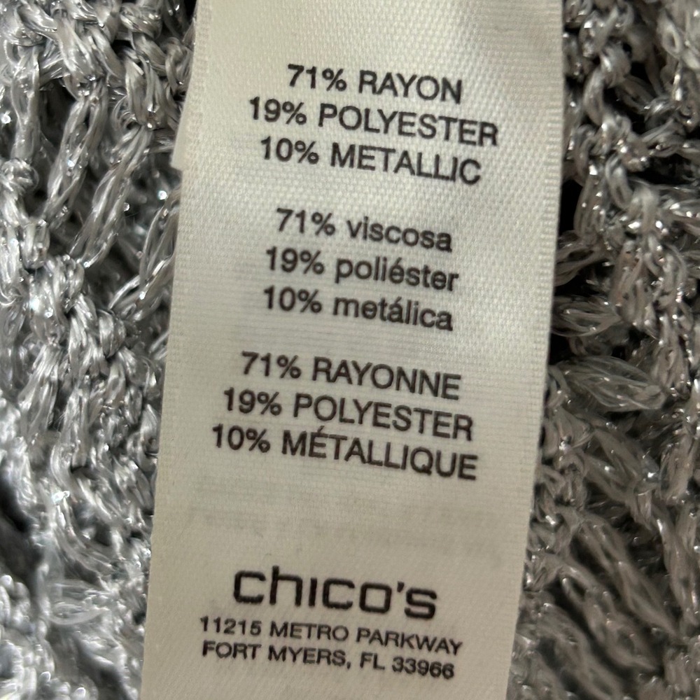 Chico's Metallic Open Knit Top Womens 3 Silver Crochet Tunic Glam Beach Cover Up - Picture 9 of 11